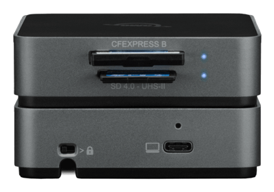 front and back view of the OWC Atlas Dual CFexpress + SD Card Reader
