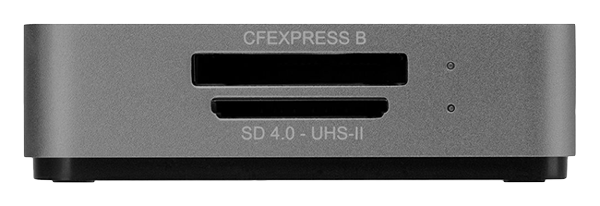 close up of the card slots on the OWC Atlas Dual CFexpress + SD Card Reader