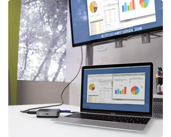 Apple Macbook connected to OWC card reader and monitor showing pie chart and graphs