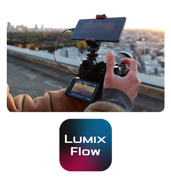 lumix flow app being used on a phone with the app logo