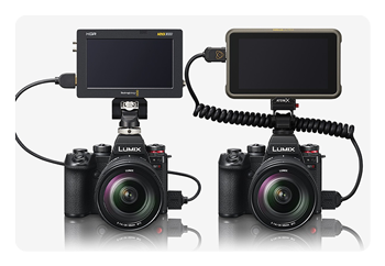 two Panasonic LUMIX S1II cameras with recorders attached