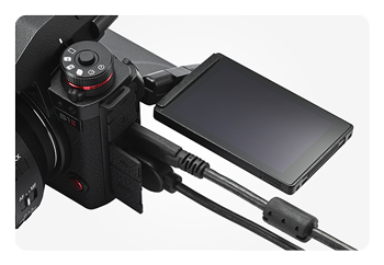 Panasonic LUMIX S1II with the monitor tilted outwards and cables attached