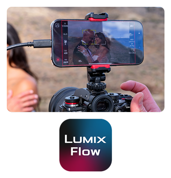 lumix flow being used on a phone and app logo