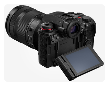 rear angled view of the Panasonic LUMIX S1IIE with the monitor tilted outwards