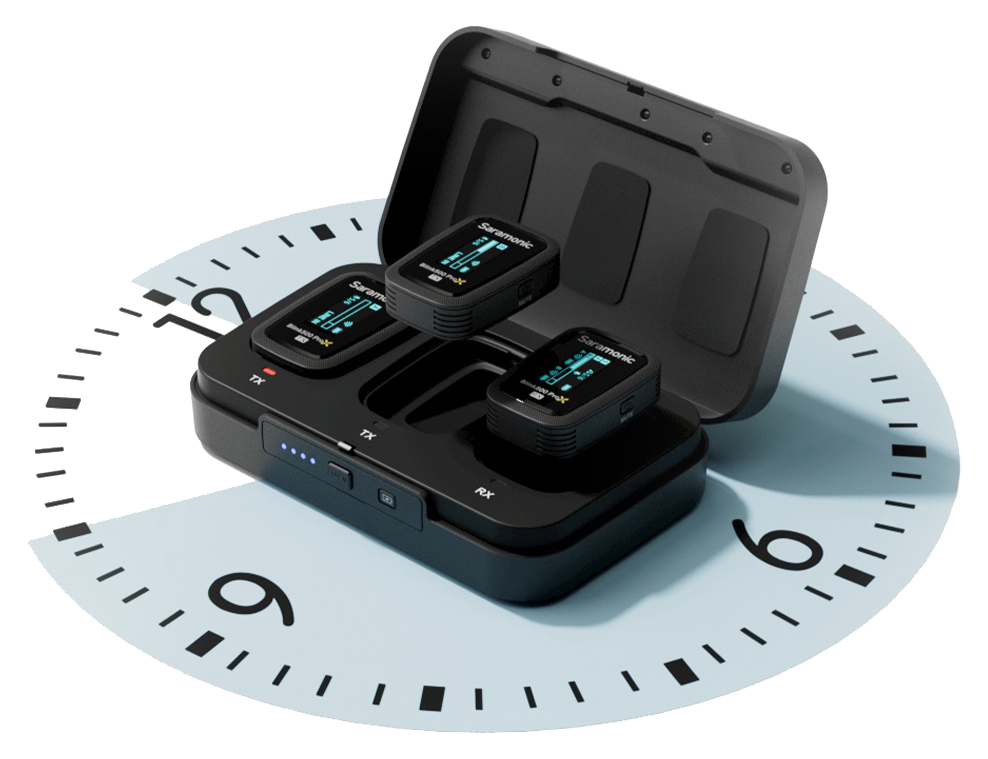 Blink500 ProX B2 in charging case on top of a clock showing 10 hours for the battery life, Saramonic Blink500 ProX B2