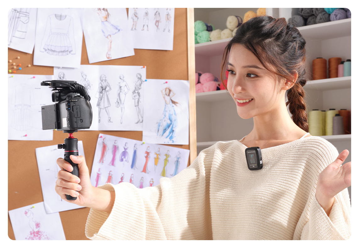 a woman using the Blink500 ProX B2 system while vlogging, Saramonic Blink500 ProX B2