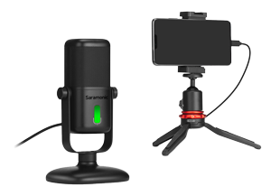 Saramonic SR-MV2000 desktop USB Microphone connected to iPhone mounted on mini tripod