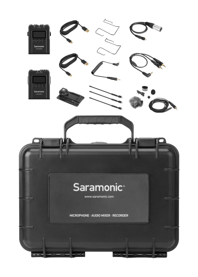 breakdown of the full kit, Saramonic UwMic9S Kit 1 Advanced Wireless UHF Lavalier System With Dual-Channel Camera-Mount Receiver