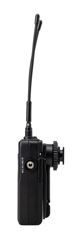 side view of the UwMic9S showing the mic in, Saramonic UwMic9S Kit 1 Advanced Wireless UHF Lavalier System With Dual-Channel Camera-Mount Receiver