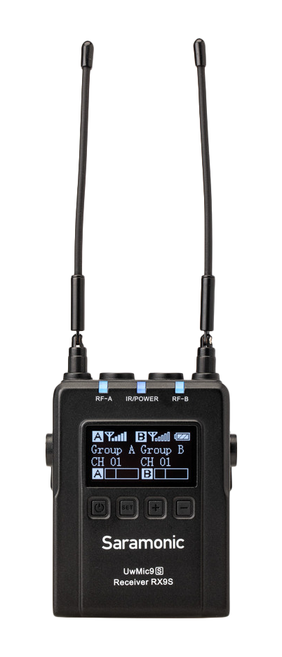 front view of the UwMic9S, Saramonic UwMic9S Kit 1 Advanced Wireless UHF Lavalier System With Dual-Channel Camera-Mount Receiver