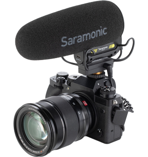 fujifilm xt5 with saramonic Vmic5 mounted on top with monitor headphones plugged in