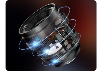 illustration of Sirui 20mm AF anamorphic lens with illuminated blue rings on black background