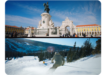 Split screen image of anamorphic video footage of tall statue and man skiing downslope