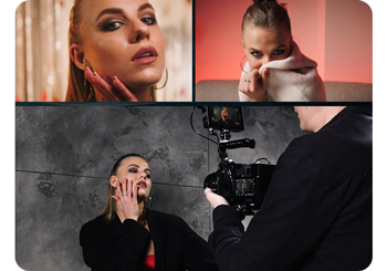 Split screen multi shot image of female model being photographed on set