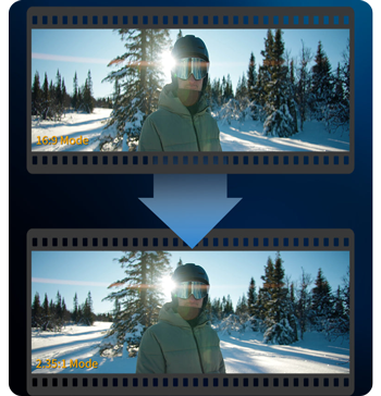 split screen image of snowboarder on slope backlit by bright sunlight
