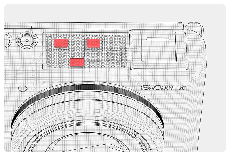 Sony ZV-1 Vlog Camera outline with red indicators for microphone positions
