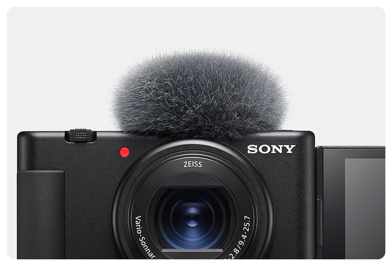Sony ZV-1 Camera front view with microphone wind sock attached