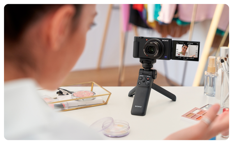 Sony ZV-1 Camera being used by beauty vlogger in her makeup studio