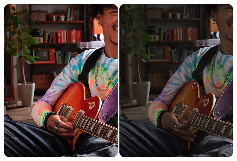 Man playing sunburst orange Les Paul guitar wearing a vibrant multi colour neon tie dye shirt