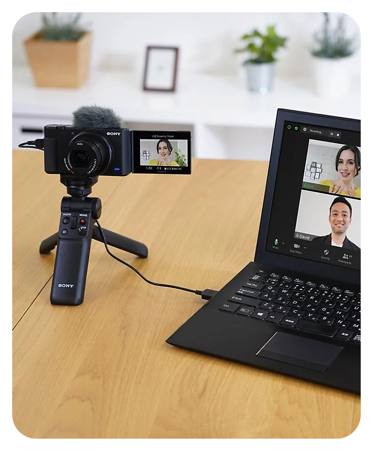 Sony ZV-1 Vlog Camera connected to a laptop via usb for use as a webcam