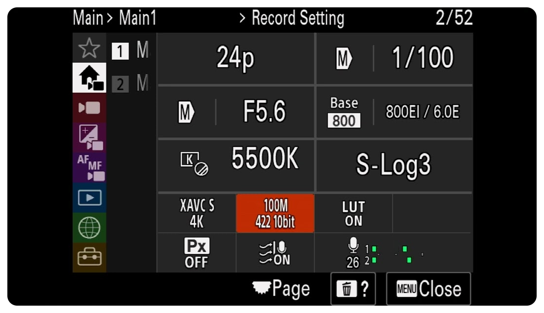 Sony FX30 Camera recording settings menu