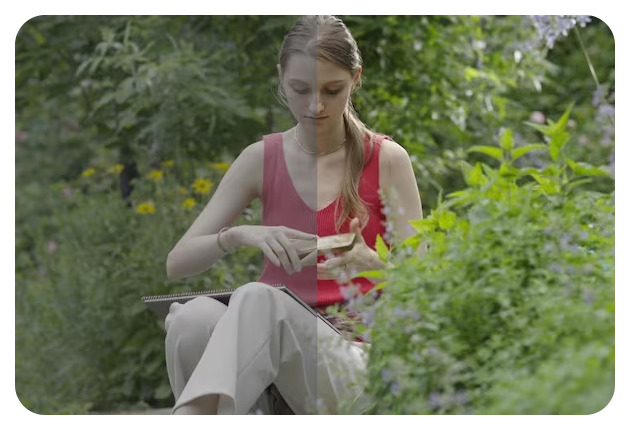 Sony FX30 sample image of woman wearing red tank top and beige trousers sat in a garden surrouded by green bushes