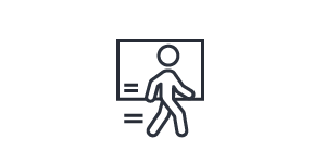 Graphical icon of person walking infront of presentation screen