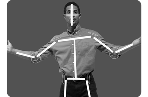 black and white image of man with visual tracking skeleton overlayed