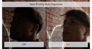 split screen photo of a mans face showing Sony ZV-E10s Face Priority Auto Exposure