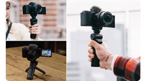 3 photo grid showing vloggers using the Sony ZV-E10 with a handgrip control mini tripod