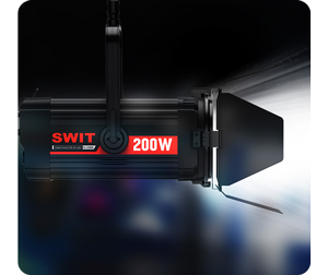 Side view of SWIT FL-C200D Light with barndoors open illuminating dark room