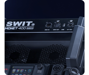 close up view of Swit light panels DMX control ports
