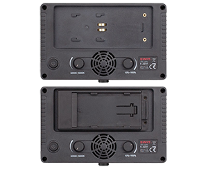 rear view of SWIT LED light panel showing DC plate attachment