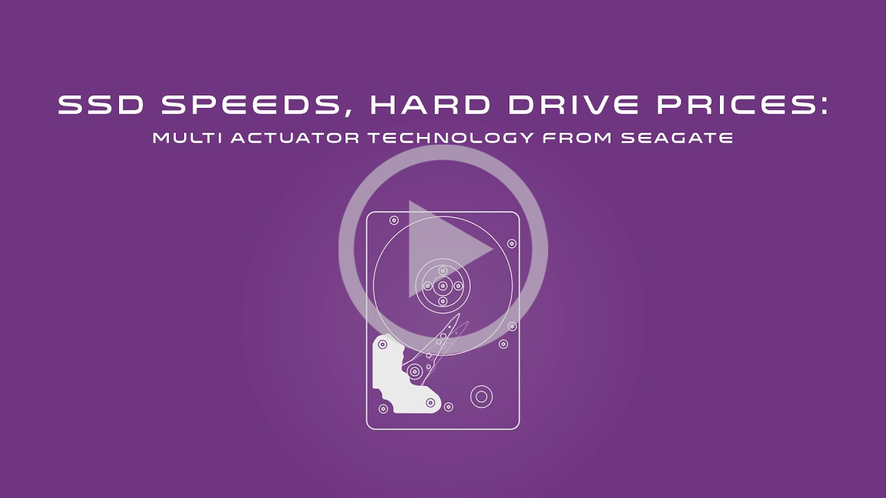 white graphic illustration of a hardrive disk on a purple background, video thumbnail, Seagate Mach.2 Multi Acuator Drives in SymplySPARK