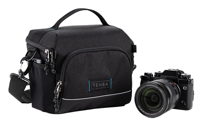 tenba sktline shoulder camera bag with camera next to it