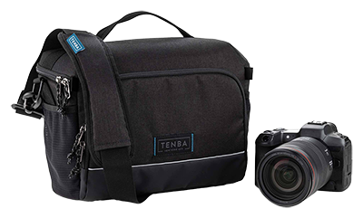 tenba skyline shoulder camera bag with camera next to it