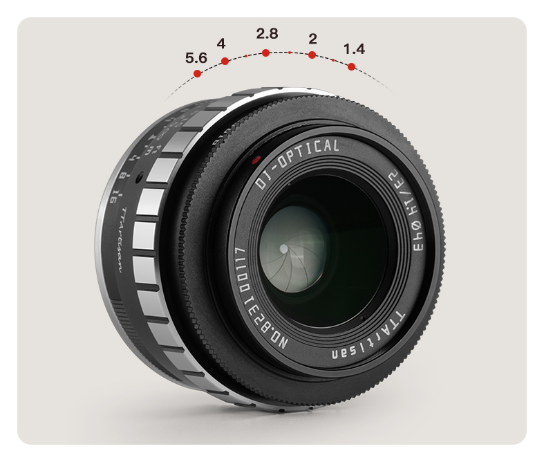 angled view of the ttartisan 23mm f1.4 lens