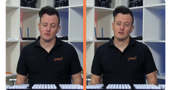 split screen comparison of male presenter infront of ikea cabinets showing AI gaze correction on and off