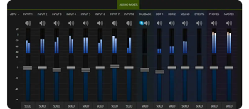 Vizrt software screenshot showing audio channel interface and levels with sliders
