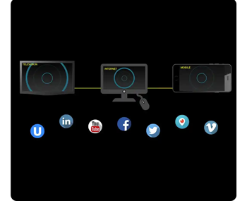 illustration of computer monitors and social platforms logos on black background
