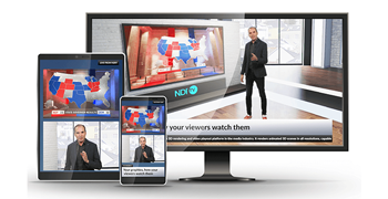 TV, tablet and smartphone showing the same video feed of man presenting election map