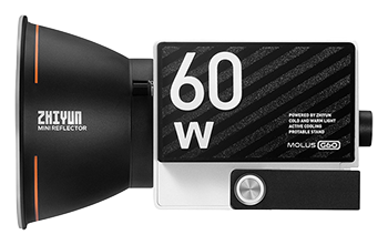 side view of the molus g60 with the zhiyun mini reflector attached