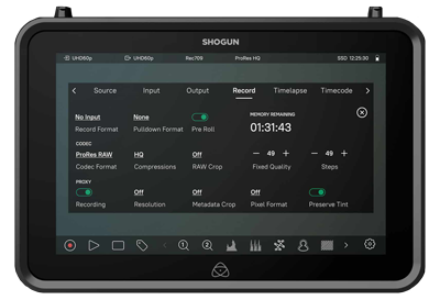 Atomos Shogun with recording schedule and codec information