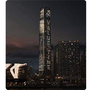nightime photo of skyscrapers and city scape with lighting animation on the buildings