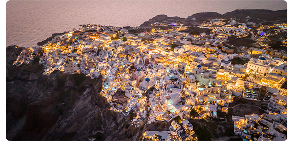 sample images from dji mini 4 pro, nightime aerial photograph of mykonos