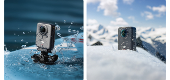 DJI Osmo 360 mounted to surf board and stood in snow