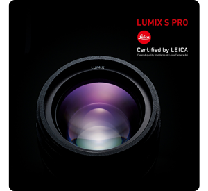 Close up shot of Panasonic Lumix Lens front glass on a black background with certified by Leica logo, lumix s pro 16-35mm l mount lens