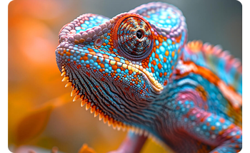 photograph of Chameleon showing vibrant orange and teal colours