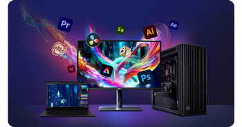 ASUS PA27JCV monitor with ProArt laptop and Workstation showing AI generated artwork