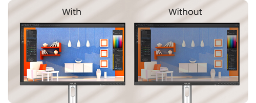 side by side image of ASUS ProArt PA27JCV 27inch with ambient light sensor activated